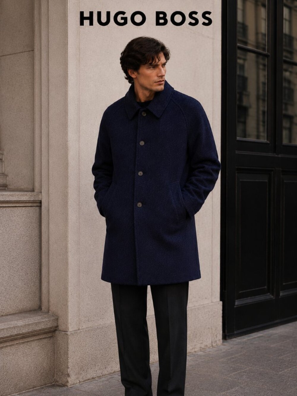 BOSS Hugo Boss Alpaca Virgin Wool Coat Men’s Size 50 Navy Blue Luxury Overcoat